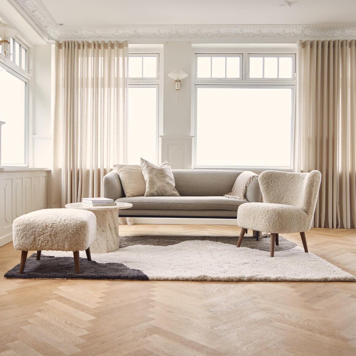 Kortharige Curly Schapenvacht Rivier Design Kleed Antraciet/Parel/Taupe