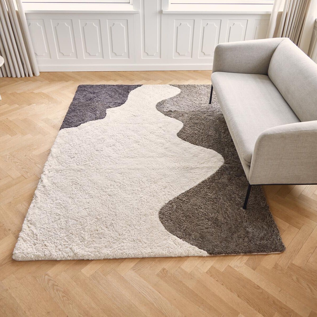 Kortharige Curly Schapenvacht Rivier Design Kleed Antraciet/Parel/Taupe