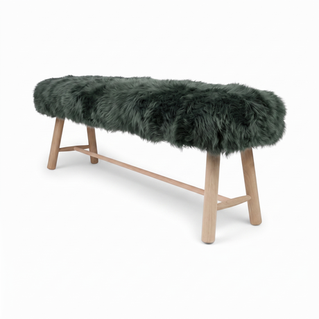 Theodor Bijzet Bank | Nieuw-Zeelandse Schapenvacht | Langharige | Eikenhouten poten | 140x35x45 cm Malachiet (Groen)