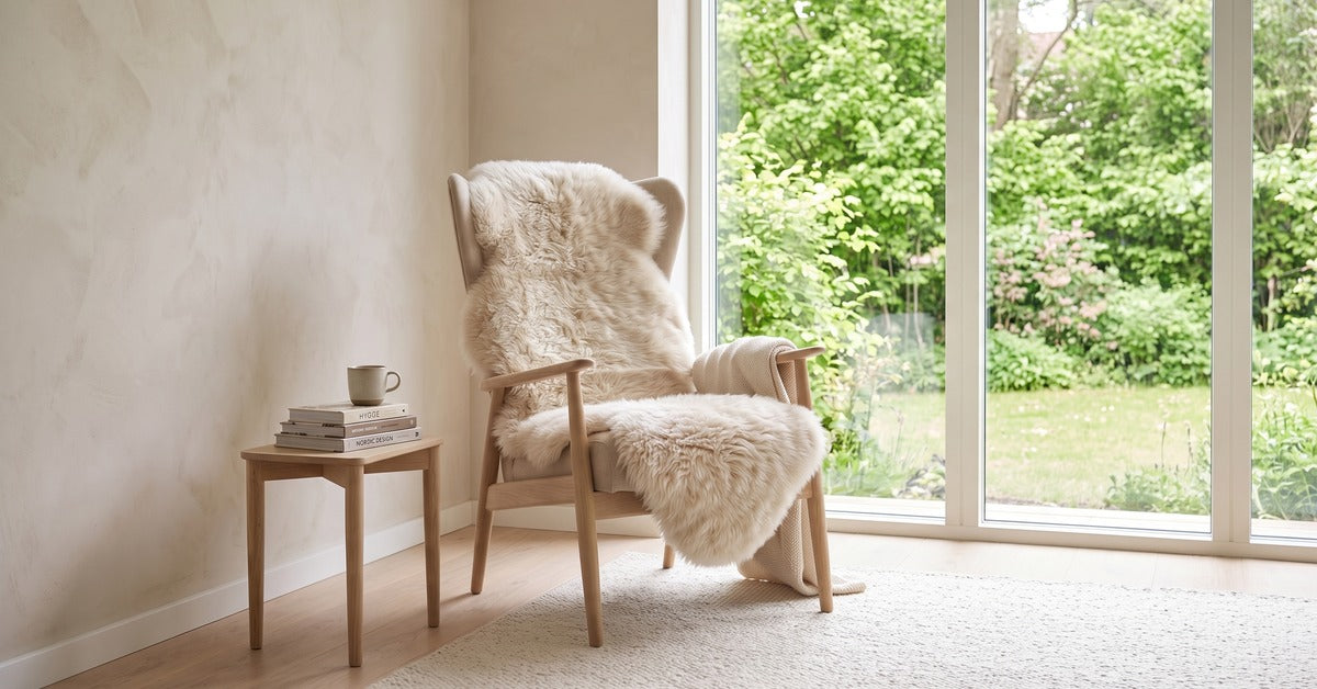 Fauteuil met schapenvacht bij een raam met uitzicht op de tuin